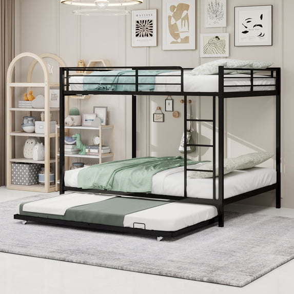Harper & Bright Designs Full Size Bunk Bed with Trundle, Full Over Full Heavy-duty Metal Bunk Bed Frame with Ladder and Safety Rails for Bedroom, Black