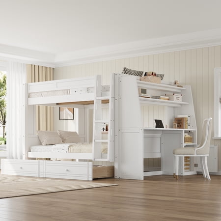 Harper & Bright Designs Full Size Bunk Bed with Desk and Storage, Space-Saving Wooden Bunk Bed with Bookshelves & 3 Drawers, White
