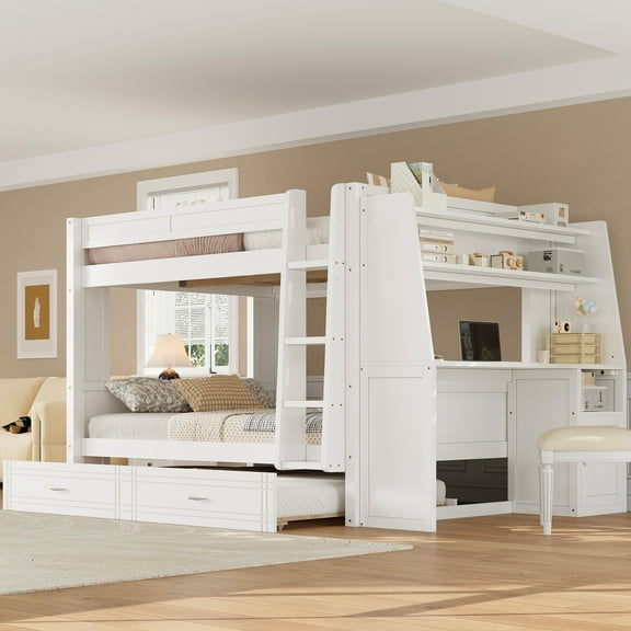 Harper & Bright Designs Full Size Bunk Bed with Desk and Storage, Space-Saving Wooden Bunk Bed with Bookshelves & Trundle, White
