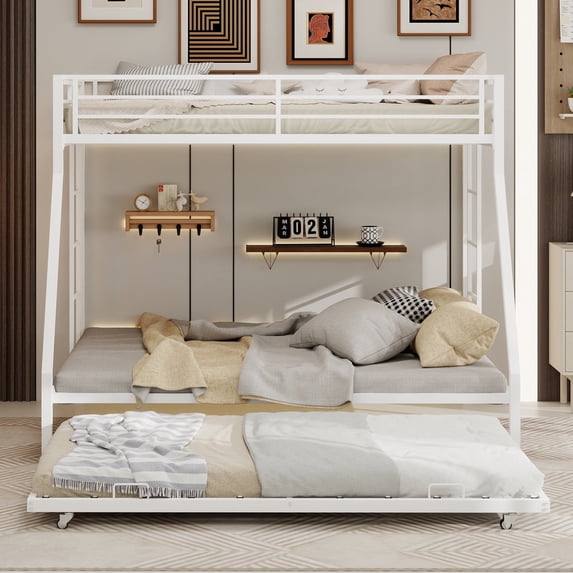 Harper & Bright Designs Metal Bunk Bed with Twin Trundle, Twin Over Full Bunk Bed Frame with Ladder and Safety Rails for Bedroom, White