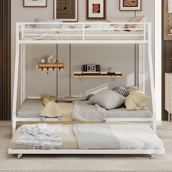 Harper & Bright Designs Full Size Bunk Bed with Trundle, Full Over Full Metal Bunk Bed Frame with Ladder and Safety Rails for Bedroom, White