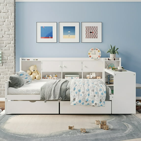 Harper & Bright Designs Full Size Corner Bed Frame, Daybed with Storage Shelves & Drawers, Wooden L Shaped Beds with Study Desk, White