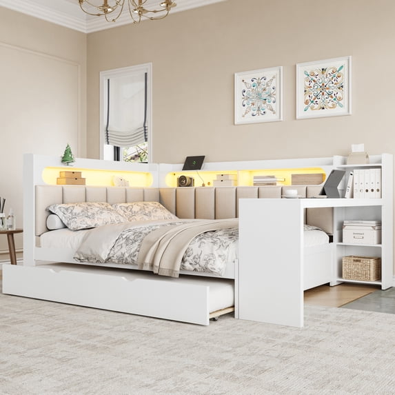Harper & Bright Designs Full Size Corner Daybed with Storage Shelves & Trundle, Wood Corner Bed with Charging Station & LED Light, Desk & Upholstered Headboard and Backrest, White