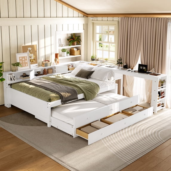 Harper & Bright Designs Full Size Daybed Bed with Trundle and Storage Drawers, Wood Corner Bed Frame with Desk and Side Shelves for Boys and Girls, White