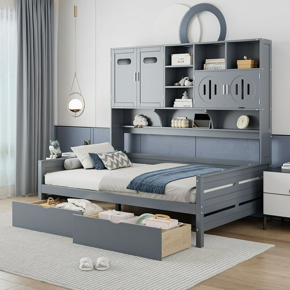 Harper & Bright Designs Full Size Daybed with and Storage Bookcase, Wood Daybed with 2 Drawers, Full Wooden Day Bed with Storage Cabinets Shelves, Gray