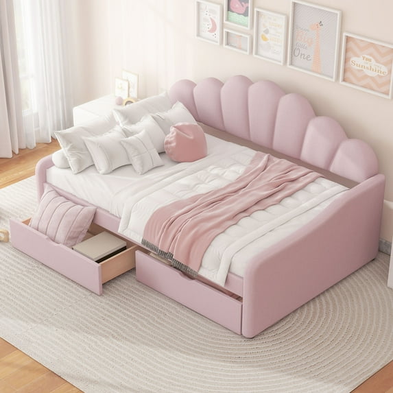 Harper & Bright Designs Full Size Daybed with Storage, Velvet Upholstered Sofa Bed with 2 Drawers, Modern Day Bed Frame with Shell Shaped Backrest, Pink