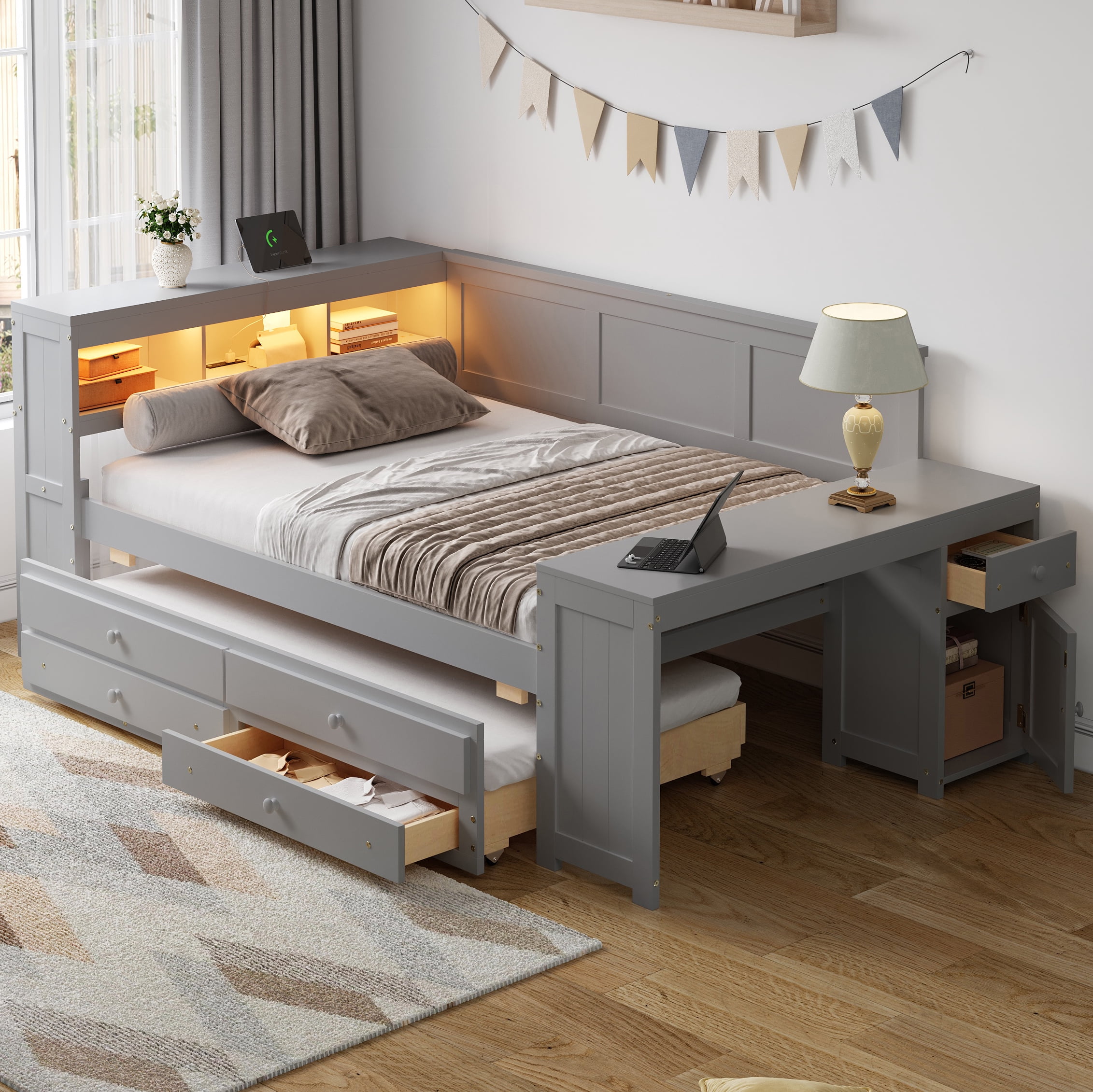 Harper & Bright Designs Full Size Daybed with Trundle and Desk, Space ...