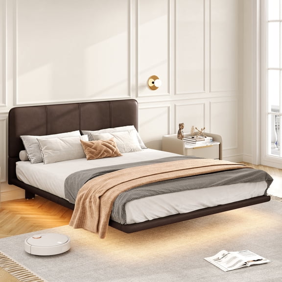 Harper & Bright Designs Full Size Floating Bed Frame with LED Light, Modern PU Leather Platform Bedframe for Bedroom, Coffee