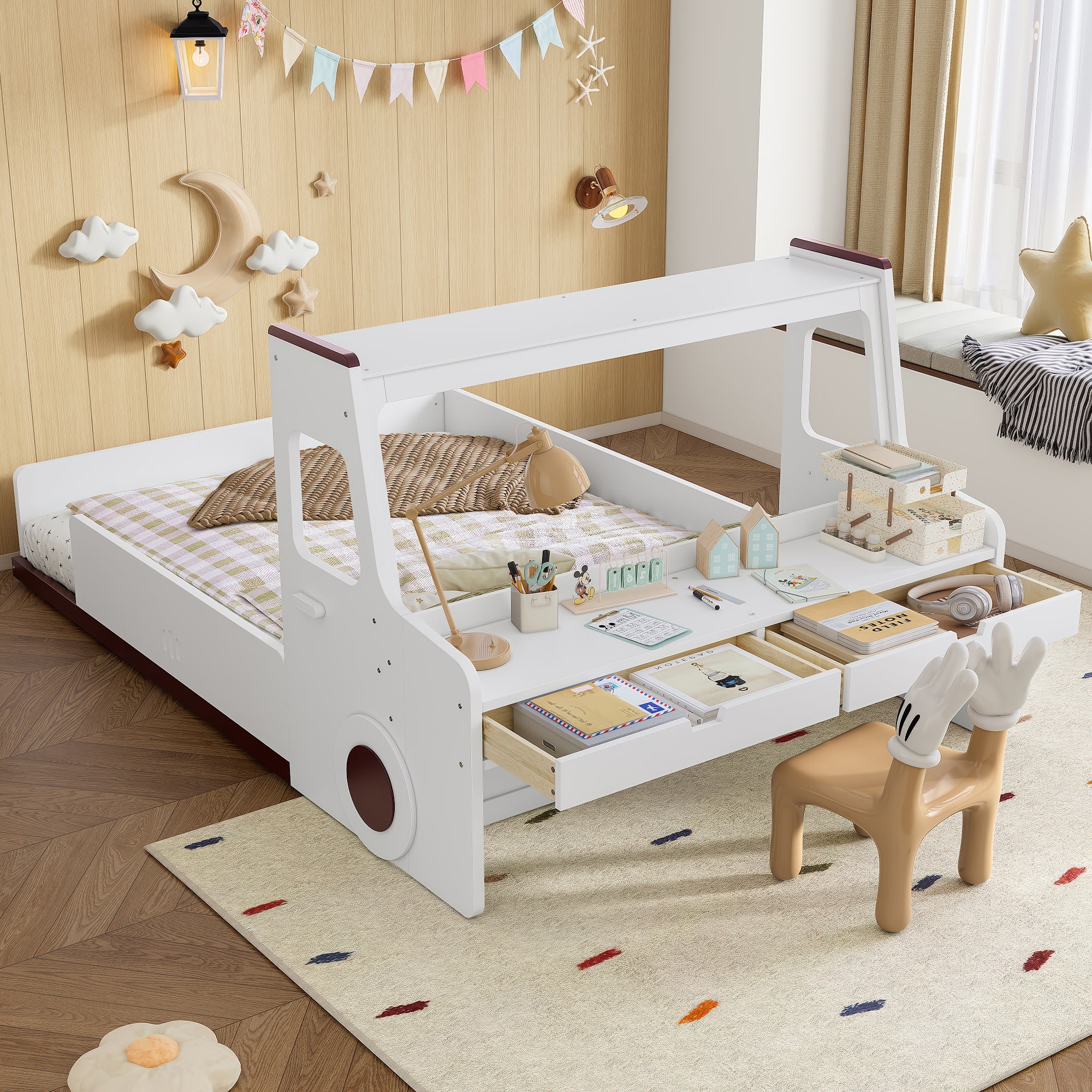 Harper & Bright Designs Full Size Floor Bed with Car-shape Design, Wood Car Bed with Drawers, Window and Desk for Boys and Girls, Light White