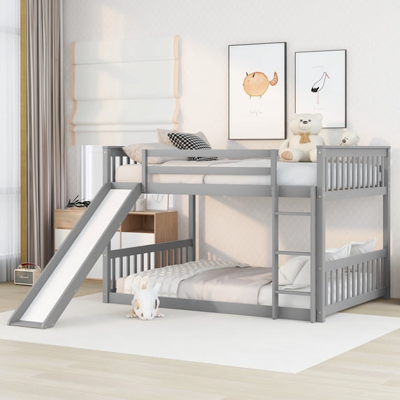 Harper & Bright Designs Full Size Floor Bunk Bed with Slide and Ladder, Full over Full Wood Bunk Bed with Guardrail for Bedroom, Gray
