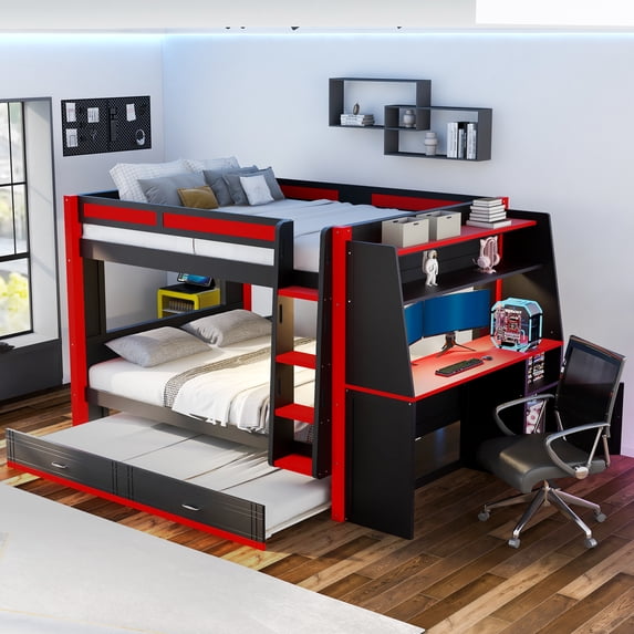 Harper & Bright Designs Full Size Gaming Bunk Bed with Desk and Trundle, Space-Saving Wooden Gamer Bunk Bedframe with Storage Bookshelves and LED Light for Bedroom, Black+Red