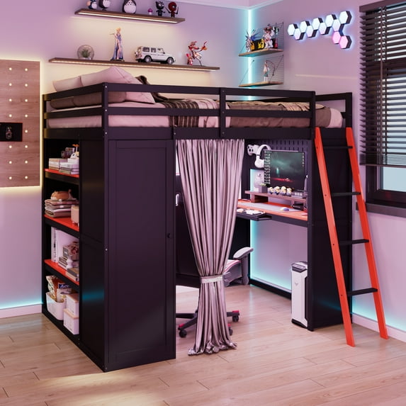 Harper & Bright Designs Full Size Gaming Loft Bed with Desk & RGB Lights, Full Wood Loft Bed Frame with Storage Wardrobe, Shelves & Blackout Curtains, Black+Red