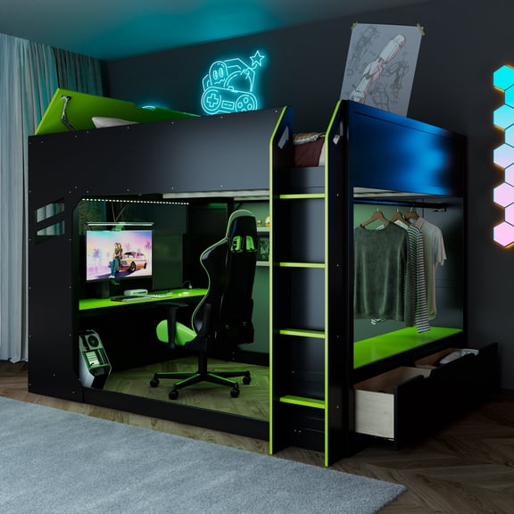 Harper & Bright Designs Full Size Gaming Loft Bed with Height-adjustable Desk & RGB Lights, Full Wood Loft Bed Frame with Storage Compartments & Hanging Rod, Green