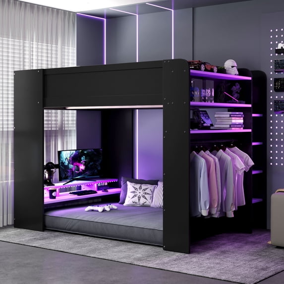 Harper & Bright Designs Full Size Gaming Loft Bed with Height-adjustable Desk & RGB Lights, Full Wood Loft Bed Frame with Wardrobe & Storage Shelves, Purple
