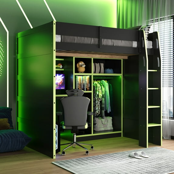 Harper & Bright Designs Full Size Gaming Loft Bed with Desk & RGB Lights, Full Wood Loft Bed Frame with Wardrobe and Storage Compartments, Green