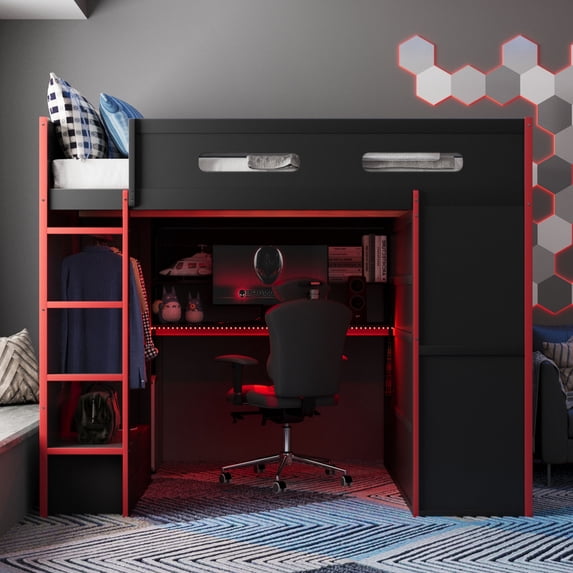 Harper & Bright Designs Full Size Gaming Loft Bed with Desk and Wardrobe, Solid Wood Full Gaming Loft Bunk Bed Frame with RGB Lights and Storage, Red