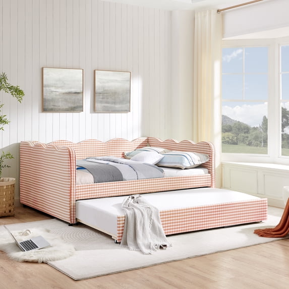 Harper & Bright Designs Full Size Gingham Daybed with Trundle, Linen Sofa Bed Frame with USB Port for Living Room and Bedroom, Pink