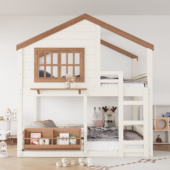 Harper & Bright Designs Full Size House Bunk Bed with Bookshelf and Window, Full over Full Bunk Bed Frame with Safety Fence and Ladder for Boys and Girls, Beige