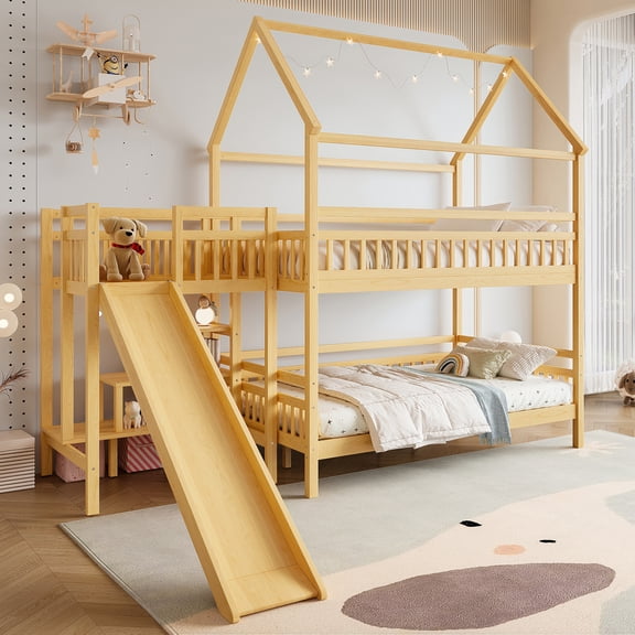 Harper & Bright Designs Full Size House Bunk Bed with Storage Stairs, Wood Bunk Bed Frame with Slide for Boys and Girls, Natural