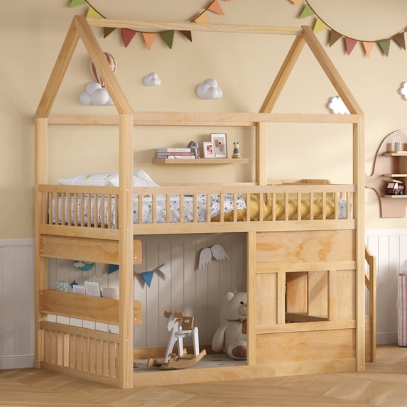 Harper & Bright Designs Full Size House Loft Bed with LED Light, Wooden Loft Bed with Shelves, Stairway Loft Bed with Guardrail & Ladder for Girls and Boys, Natural