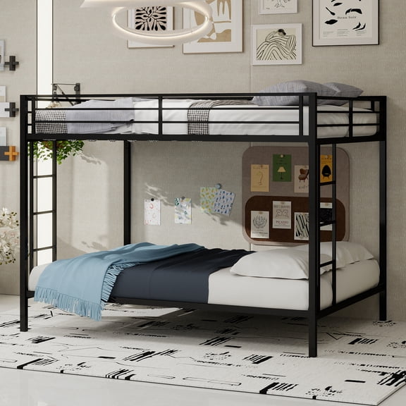 Harper & Bright Designs Full Size Iron Bunk Bed with Ladder, Full Over Full Metal Bunk Bed Frame with Safety Rails for Bedroom, Black