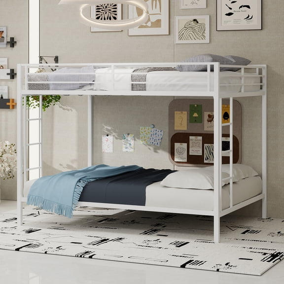 Harper & Bright Designs Full Size Iron Bunk Bed with Ladder, Full Over Full Metal Bunk Bed Frame with Safety Rails for Bedroom, White