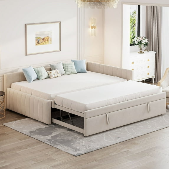Harper & Bright Designs Full Size L Shaped Platform Bed with Pop Up Trundle, Wood Upholstered Corner Bed Frame for Bedroom, Beige