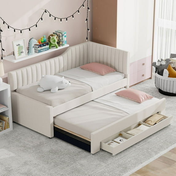 Harper & Bright Designs Full Size L Shaped Platform Bed with Trundle, Wood Upholstered Corner Bed Frame with Drawer, Beige