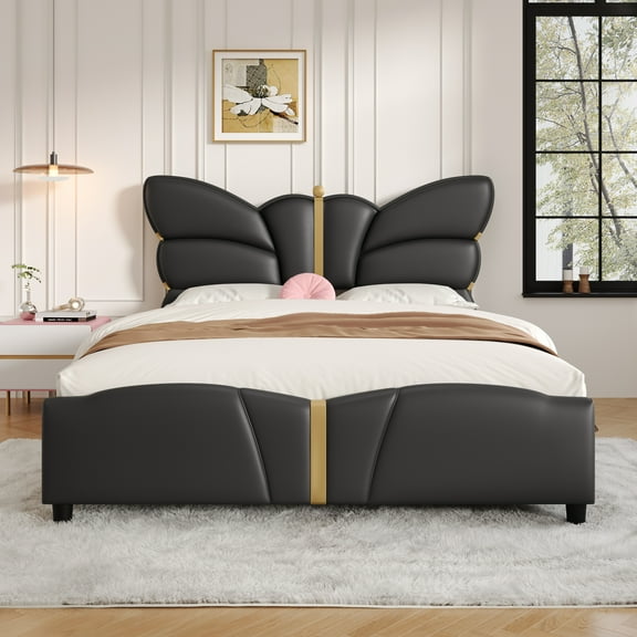Harper & Bright Designs Full Size Leather Platform frame with Butterfly Headboard & Footboard, PU Upholstered Bedframe with Gold Metal Decorations, Black