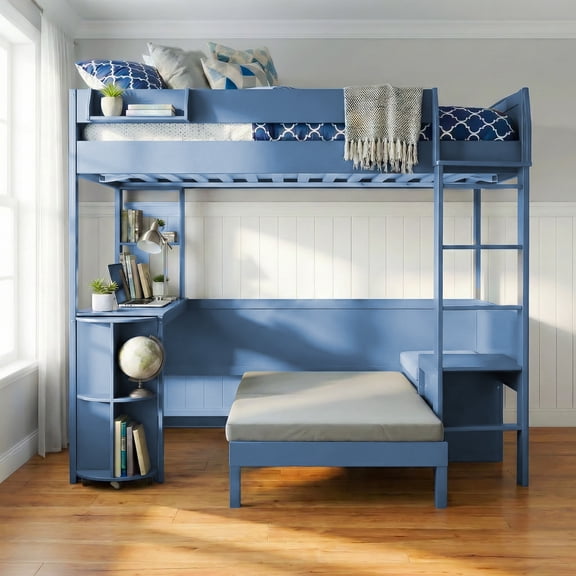 Harper & Bright Designs Full Size Loft Bed with Extendable Desk and Lights, Wood Loft Bed Frame with Storage Shelves & Padded Foldable Sofa, Space-Saving Loft Bed for Dorm Apartment, Navy Blue