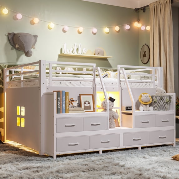 Harper & Bright Designs Full Metal Loft Bed with Storage Drawers and Shelves, Low Loft Bed Frame with Storage Stairs and Lights, White