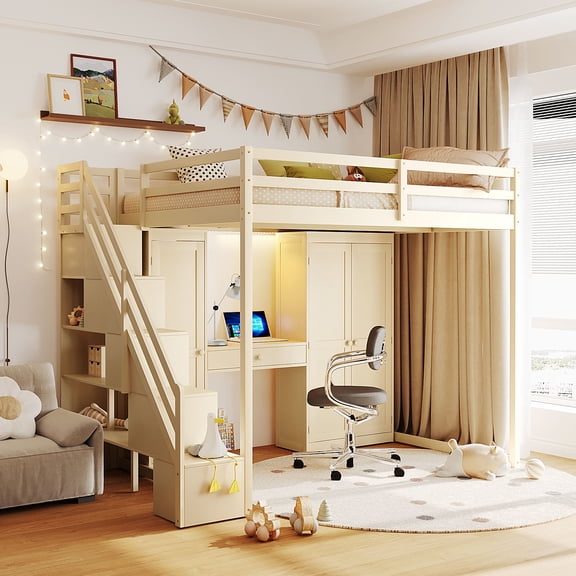 Harper & Bright Designs Full Size Loft Bed with Storage Stairs, Built-in Dressing Table & Wardrobe, High Loft Bed Frame with Mirror, USB Charging & Lights for Bedroom, Beige