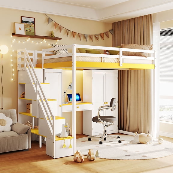 Harper & Bright Designs Full Size Loft Bed with Storage Stairs, Built-in Dressing Table & Wardrobe, High Loft Bed Frame with Mirror, USB Charging & Lights for Bedroom, White