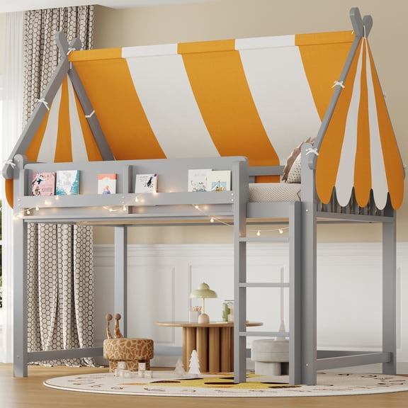 Harper & Bright Designs Full Size Loft Bed with Canopy and Roof, Wood House Bed with LED Lights & Book Shelf for Girls Boys Bedroom, Gray