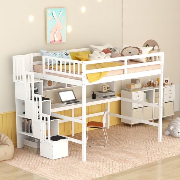 Harper & Bright Designs Full Size Loft Bed with Desk, Wooden Loft Bed Frame with Staircase and Shelves for Bedroom, White