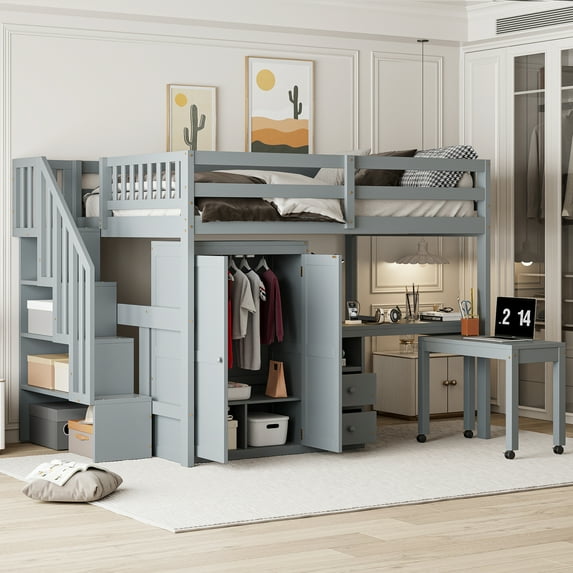 Harper & Bright Designs Full Size Loft Bed with Stairs and Wardrobe, Wood Full Storage Bed with Desk & Bookshelf for Boys Girls, Gray