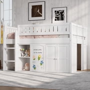 Harper & Bright Designs Full Size Low Loft Bed with Storage Cabinet and Chalkboard Panel, Full Wooden Loft Bed Frame with Storage Shelves for Bedroom, White