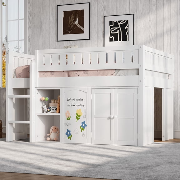 Harper & Bright Designs Full Size Low Loft Bed with Storage Cabinet and Chalkboard Panel, Full Wooden Loft Bed Frame with Storage Shelves for Bedroom, White