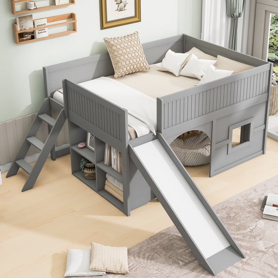 Harper & Bright Designs Full Size Low Loft Bed with Slide and Storage Shelves, Playhouse Wooden Low Loft Bed Frame with Door and Window, Gray