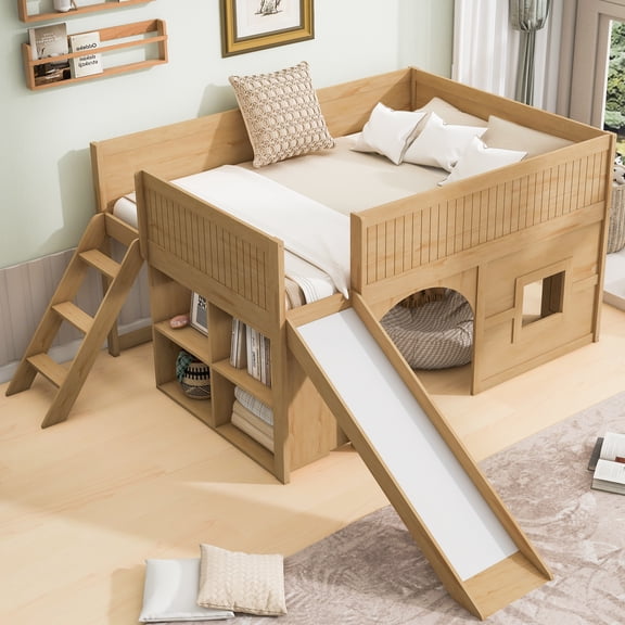Harper & Bright Designs Full Size Low Loft Bed with Slide and Storage Shelves, Playhouse Wooden Low Loft Bed Frame with Door and Window, Natural