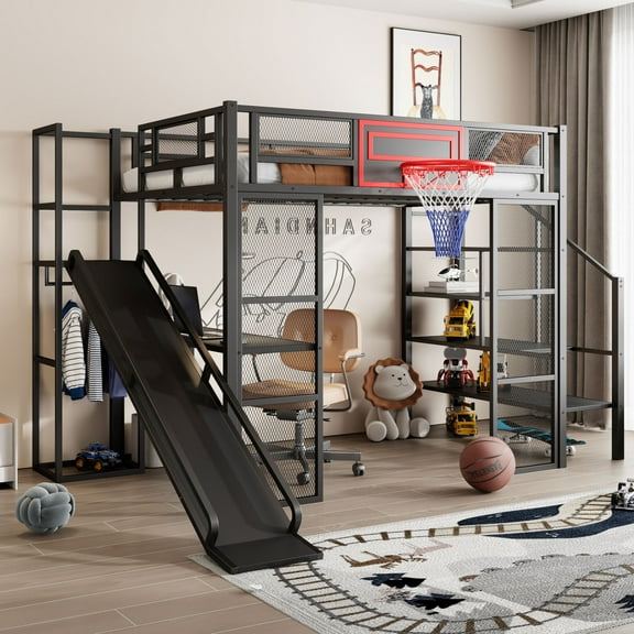 Harper & Bright Designs Full Size Metal Loft Bed with Built-in Desk and Wardrobe, Heavy Duty Loft Bed with Slide and Staircase & Basketball Hoop, Black