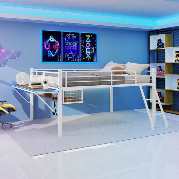 Harper & Bright Designs Full Size Metal Loft Bed with Built-in Desk and LED Light Strip, Low Loft Bed Frame with Safety Guardrails and Ladder, White