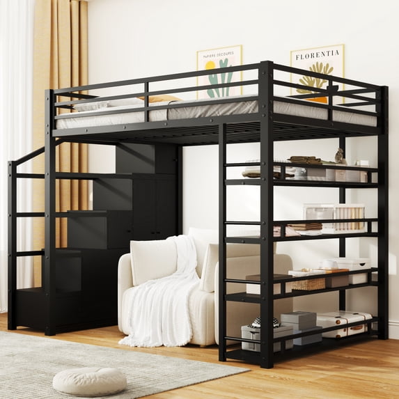 Harper & Bright Designs Full Size Metal Loft Bed with Storage Shelves, Stairway Heavy Duty Loft Bed Frame with Cabinets and Wardrobe, Black