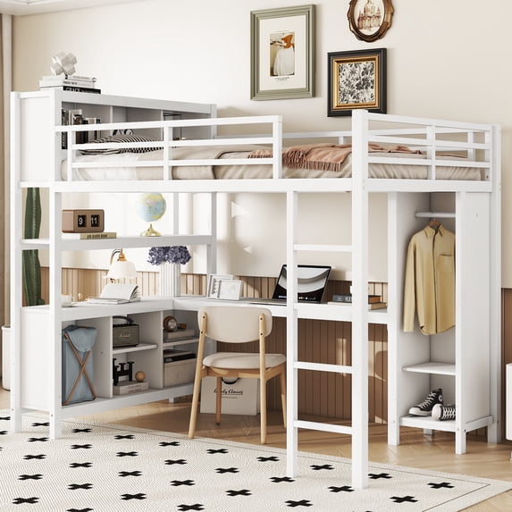 Harper & Bright Designs Full Size Metal Loft Bed with Wardrobe And L-shaped Desk, Heavy-duty Loft Bed with Storage Cubes and Shelves, White