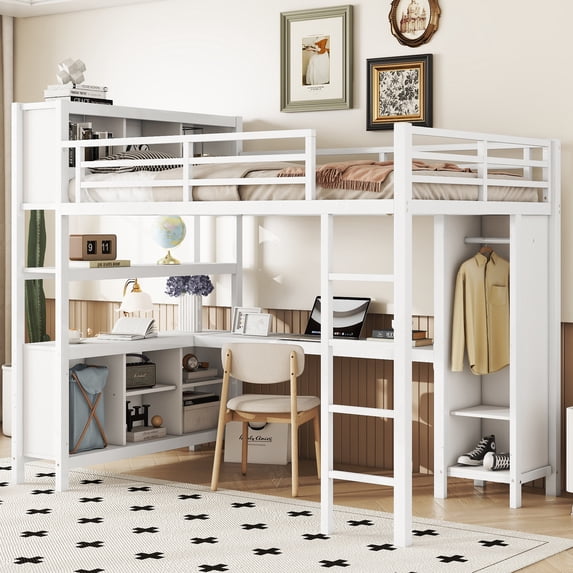 Harper & Bright Designs Full Size Metal Loft Bed with Wardrobe And L-shaped Desk, Heavy-duty Loft Bed with Storage Cubes and Shelves, Off White