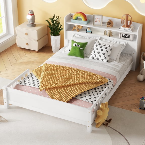 Harper & Bright Designs Full Size Platform Bed with Bookcase Headboard, Wood Twin Bed Frame with Guardrails and LED Light for Bedroom, White