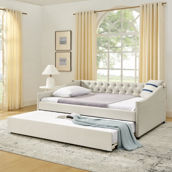 Harper & Bright Designs Full Size Upholstered Daybed with Trundle, Button Tufted Sofa Bed Frame with USB and Waved Shape Arms for Living Room and Bedroom, Beige