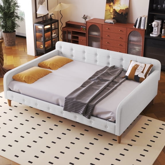 Harper & Bright Designs Full Size Upholstered Daybed with Button Tufted Backrest, Linen Sofa Bed with 4 Support Legs, Beige