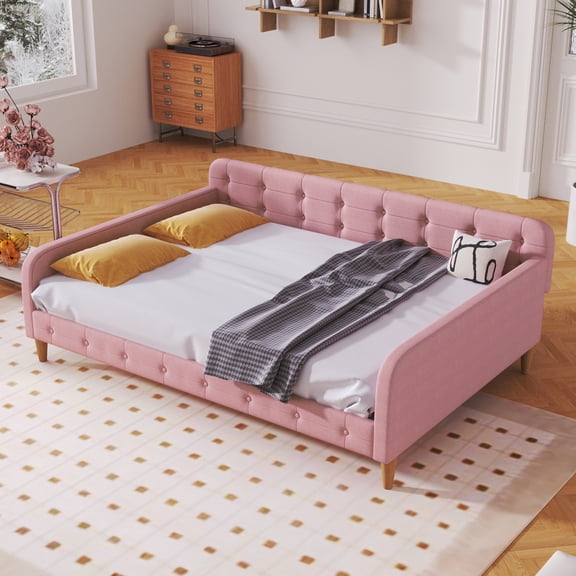 Harper & Bright Designs Full Size Upholstered Daybed with Button Tufted Backrest, Linen Sofa Bed with 4 Support Legs, Pink