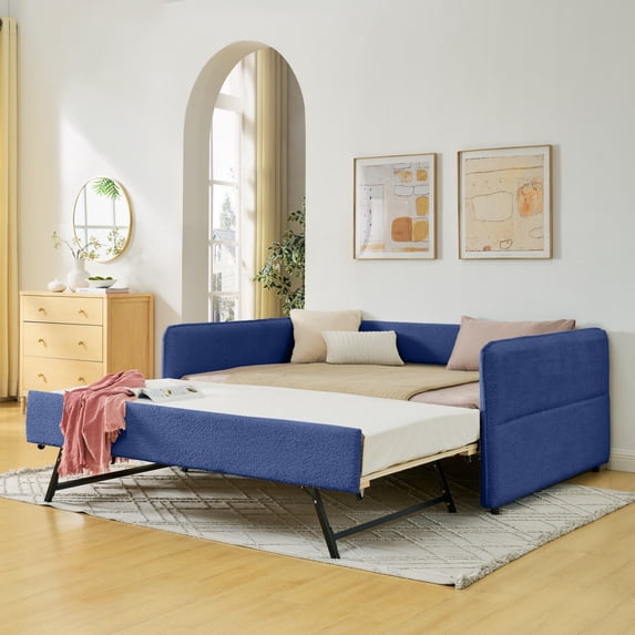 Harper & Bright Designs Full Size Upholstered Daybed with Trundle, Boucle Sofa Bed Frame for Living Room and Bedroom, Blue